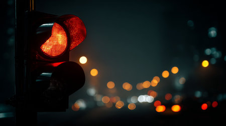 A striking image of a red traffic light stands out against a soft focus background of city lights at night, conveying themes of safety and urban living.の素材