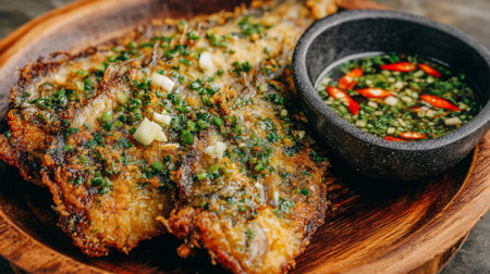 A tempting close-up of crispy fried fish topped with fresh herbs, served with a vibrant spicy dipping sauce, showcasing delightful culinary presentation.の素材