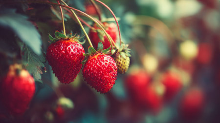 A close-up view of fresh strawberries hanging from green leaves showcases their vibrant red color and natural beauty. Perfect for themes of health and gardening.の素材