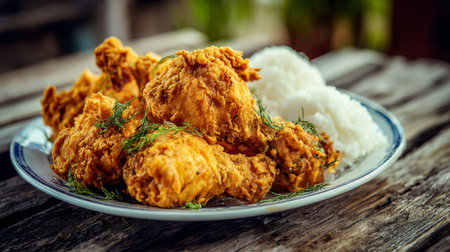 Savor the sight of crispy fried chicken drumsticks paired with fluffy white rice, beautifully arranged on a rustic table, perfect for any mealtime delight.の素材