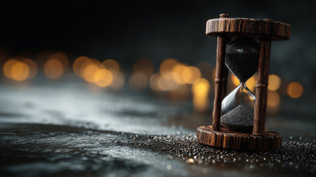 A beautifully crafted hourglass rests on a reflective surface, creating a striking contrast with the warm, blurred lights in the background, symbolizing the passage of time.の素材