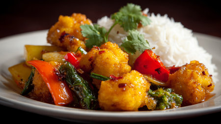 A vibrant vegetarian dish featuring crispy fried balls, assorted vegetables, and fluffy rice. Perfect for showcasing culinary artistry and healthy eating. Enjoy the flavors!の素材