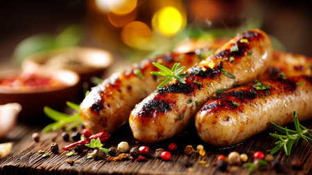 Warm and inviting, this image showcases perfectly grilled sausages resting on a wooden board, garnished with fresh herbs and spices for a delightful culinary experience.の素材