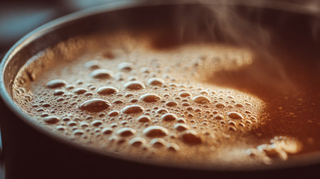 A captivating close-up of boiling liquid in a dark pot, showcasing bubbles and steam. This image evokes warmth, comfort, and the charm of home cooking.の素材