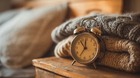 A charming vintage alarm clock rests next to soft knitted blankets, creating a warm atmosphere perfect for relaxation in a cozy bedroom setting.の素材