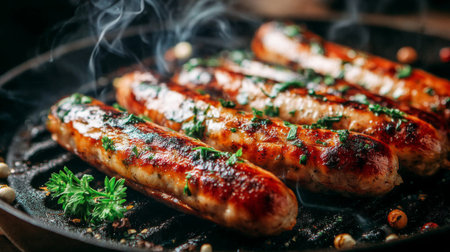 Experience the art of grilling with this mouthwatering close-up of sausages sizzling on a hot grill, enhanced by fresh herbs and an inviting rustic kitchen backdrop.の素材