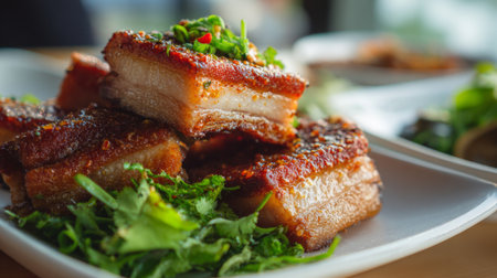 This image showcases a tempting plate of crispy pork belly served on a bed of fresh greens, topped with a vibrant herbal garnish, perfect for food lovers.の素材