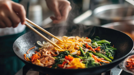 A chef skillfully stir-fries a mix of vibrant vegetables in a hot wok, creating a flavorful and healthy meal in a bustling kitchen environment.の素材