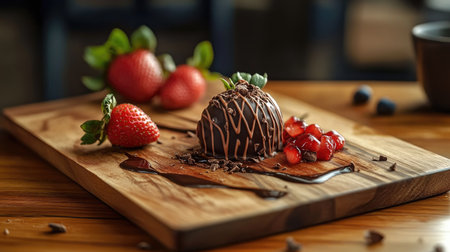 A luscious chocolate dessert artfully presented with fresh strawberries and drizzled chocolate sauce on a rustic wooden board. Perfect for food photography.の素材