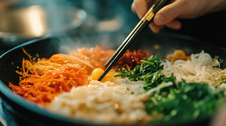 A close-up of colorful ingredients being mixed in a hot pan, showcasing the vibrant process of cooking a delicious meal with fresh vegetables and eggs.の素材