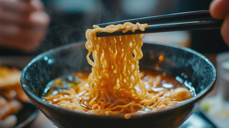 A steaming bowl of delicious ramen noodles is captured with chopsticks lifting them from the savory broth, showcasing a perfect dish for food lovers.の素材