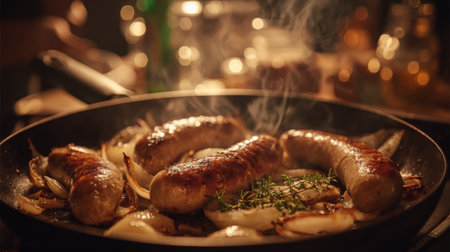 Bright, warm scene featuring sausages cooking in a frying pan surrounded by onions and herbs, perfect for culinary enthusiasts looking for comfort cooking inspiration.の素材