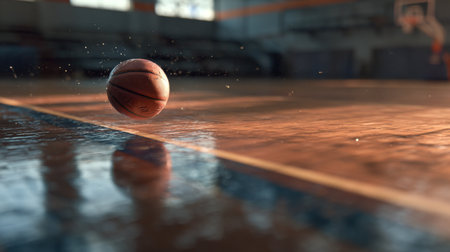 A captivating image of a basketball rolling across a shiny wooden court, capturing the essence of indoor sports with dynamic light and shadows, perfect for showcasing athleticism.の素材