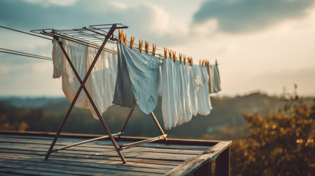 A stylish outdoor clothes drying rack displays freshly washed garments against a stunning sunset backdrop, capturing the essence of a relaxing summer evening.の素材