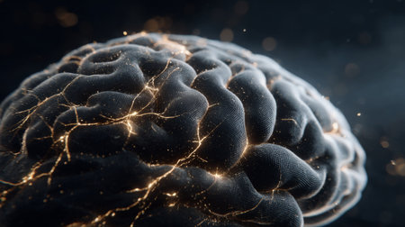 Explore a stunning close-up of a human brain, showcasing intricate surface details and glowing neural connections. A captivating representation of intelligence and complexity.の素材
