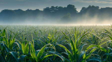 A serene landscape featuring a lush green corn field enveloped in morning mist. Dew glistens on the leaves under soft sunlight, showcasing nature's beauty.の素材