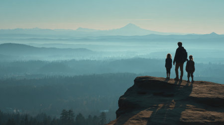 A family enjoys a breathtaking view at dawn, standing on a rock overlooking a misty valley and mountains. The silhouettes highlight connection amidst nature's beauty.の素材