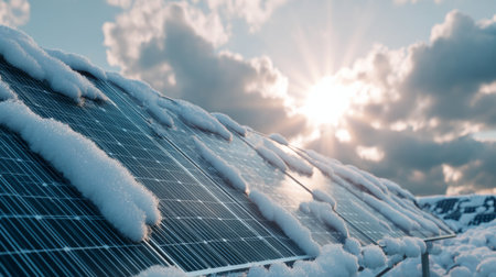 A close-up view of solar panels covered in snow, capturing the beauty of winter sunlight. The image showcases the intersection of technology and nature in renewable energy.の素材