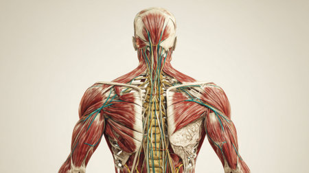Explore the intricate details of human anatomy with this anatomical model featuring musculature and nervous system from a unique rear view perspective for educational purposes.の素材