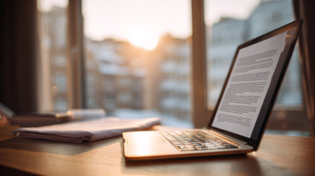 A serene home office scene features a sleek laptop on a wooden desk with papers and notebooks nearby, bathed in warm morning sunlight, ideal for productivity and creativity.の素材