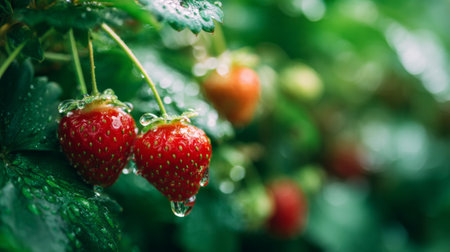 Lush green garden features ripe strawberries glistening with water droplets, representing freshness and health. Ideal for food and nature themes.の素材