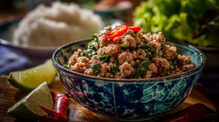 Experience the vibrant flavors of a beautifully arranged ground meat dish adorned with fresh herbs, sliced chilies, and lime. Perfect for food lovers!の素材