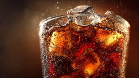 A close-up shot of a refreshing carbonated beverage served in a clear glass with ice cubes, featuring vibrant bubbles and a rich brown background, ideal for summer themes.の素材