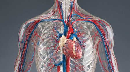 A transparent anatomical model showcases the human circulatory system with detailed representations of the heart, arteries, and veins for educational purposes.の素材