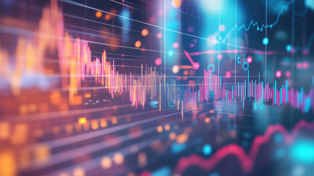 Vibrant abstract visualization of financial data showcasing colorful graphs and analytics, perfect for business and technology themes.の素材
