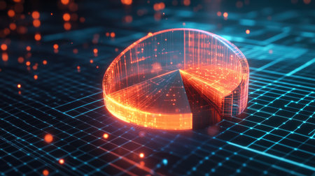 A futuristic pie chart rendered with glowing elements, surrounded by digital grid patterns, symbolizing data analysis and technology innovation.の素材