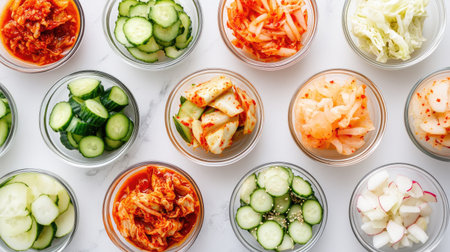 A vibrant collection of fresh pickled vegetables in glass bowls, showcasing a variety of textures and colors, perfect for healthy meals and garnishes.の素材