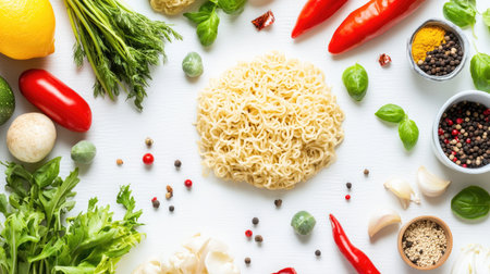 A vibrant arrangement of fresh ingredients including noodles, vegetables, and spices set against a white background, perfect for culinary inspiration.の素材