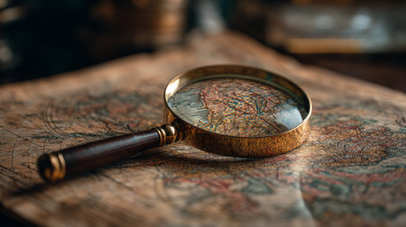 This captivating image features a vintage magnifying glass on top of an antique map, inviting viewers to explore historical journeys and intricate details of geography.の素材