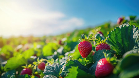 A vibrant close-up of fresh strawberries growing in a sunny field. The lush green leaves and bright red berries capture the essence of summer agriculture and healthy produce.の素材