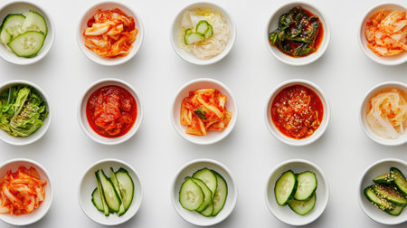 A vibrant collection of kimchi and pickled vegetables served in small bowls. Perfect for showcasing traditional Korean flavors and healthy eating.の素材