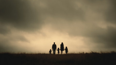 A striking silhouette of a family holding hands against a moody sky at dusk, symbolizing unity and warmth, perfect for themes of love and connection in nature.の素材