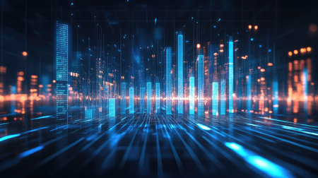 A vibrant digital landscape showcasing abstract data visualization. Bright neon lights illuminate the grid, reflecting innovation and modern technology trends.の素材