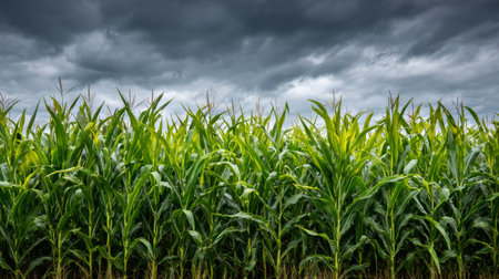 A vivid cornfield showcases healthy green plants beneath a dramatic sky filled with dark storm clouds, capturing the essence of agriculture and nature's power.の素材
