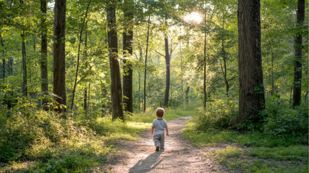 A young child strolls down a serene forest path, embraced by vibrant green foliage and gentle sunlight, capturing the essence of childhood wonder and exploration.の素材