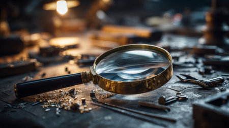 A vintage magnifying glass rests on a wooden workbench, surrounded by various craft tools and shavings. This image captures the essence of craftsmanship, detail, and precision.の素材