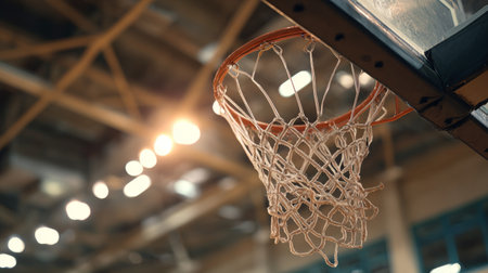 Captivating close-up shot of a basketball hoop and net inside an indoor gym, showcasing the energy and focus of athletes during a game or training session.の素材