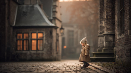 A charming scene of a young child walking along a cobblestone street lined with historic buildings, bathed in soft morning light, evoking warmth and nostalgia.の素材