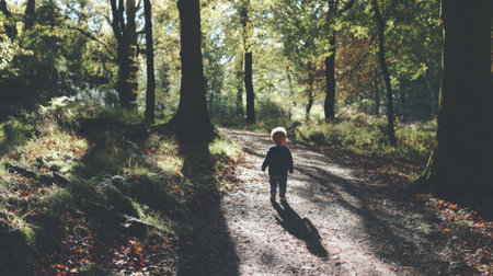 A young child walks along a peaceful forest path surrounded by trees and dappled sunlight. This serene moment captures the essence of childhood exploration and tranquility.の素材