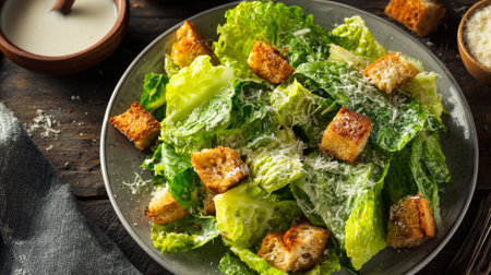 Enjoy a fresh and crisp Caesar salad featuring homemade croutons and grated Parmesan cheese, beautifully presented on a rustic wooden table, perfect for healthy eating.の素材