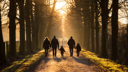 A heartwarming scene of a family walking hand in hand along a serene pathway framed by tall trees, enjoying a beautiful sunset, radiating joy and togetherness.の素材