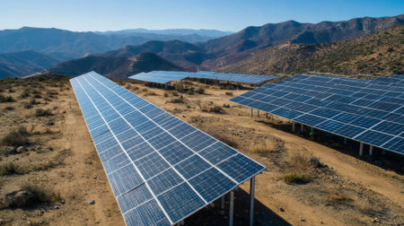 This image captures an extensive solar panel installation in an arid landscape, showcasing renewable energy technology amidst a stunning mountainous backdrop.の素材