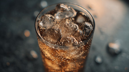 A close-up view of a cold and refreshing bubbly beverage with ice cubes, featuring sparkling effervescent bubbles. Perfect for summer enjoyment or food photography.の素材