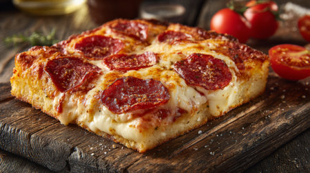 Enjoy a close-up view of a freshly baked pepperoni pizza, featuring gooey cheese and a crispy crust, perfect for gatherings or a delightful snack for any occasion.の素材