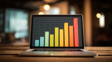 A modern laptop showcases a vibrant bar graph on its screen, symbolizing business growth and data analysis. The stylish workspace promotes productivity and creativity.の素材