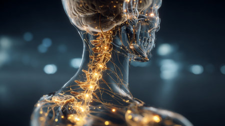 A captivating digital depiction of the human nervous system, highlighting the brain and spinal cord with glowing neural connections, perfect for educational materials.の素材